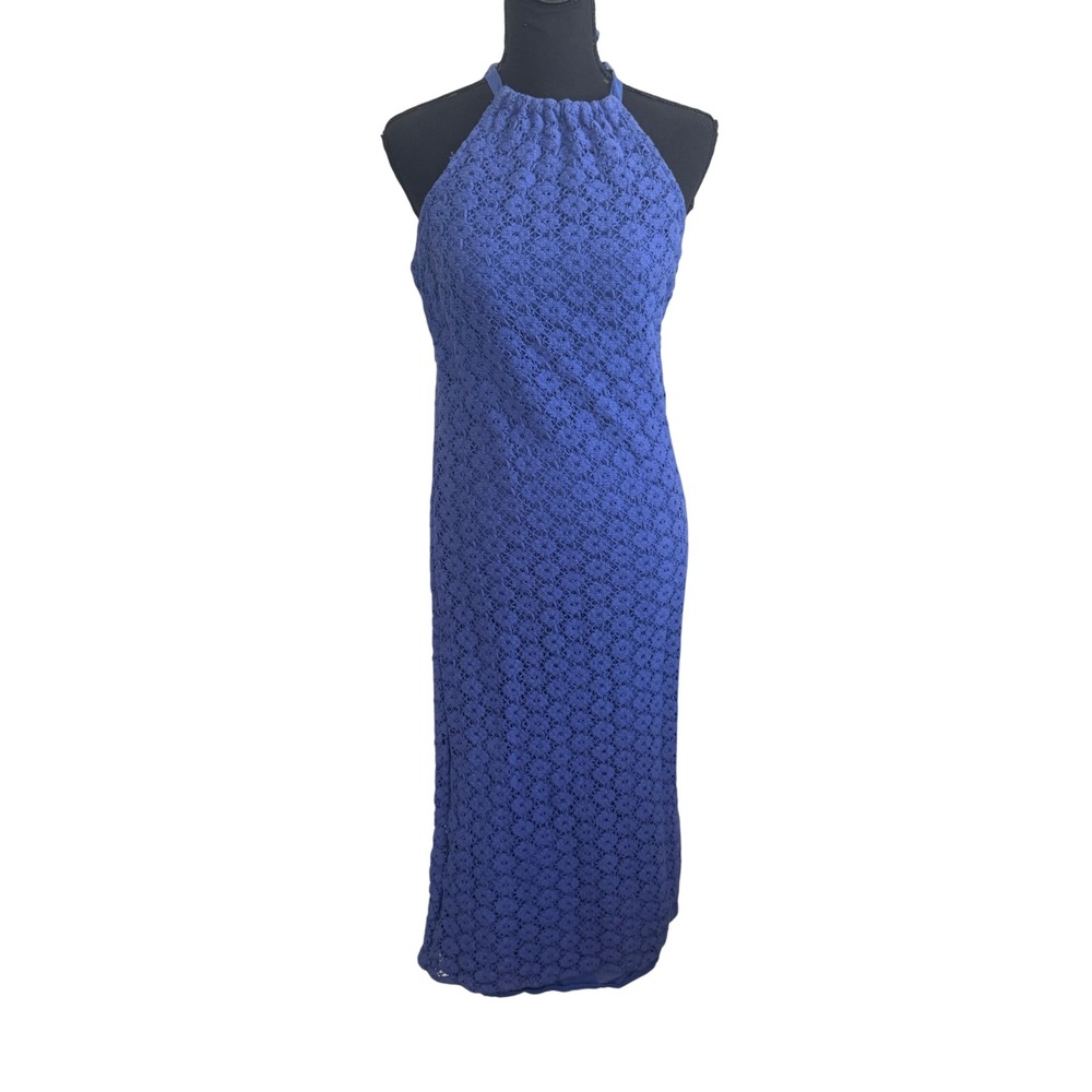 A New Day Womens Blue Crochet Halter Midi Dress S Boho Coastal Resort Vacation